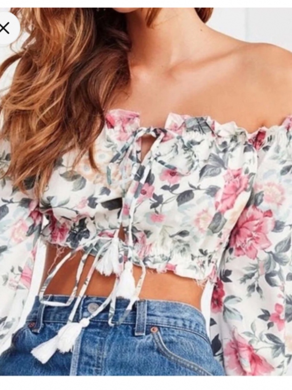 Majorelle xs/s white pink floral ruffle off shoulder open chest crop top